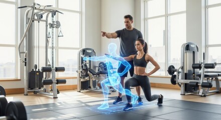 Personal trainer guiding client with holographic fitness pose in gym