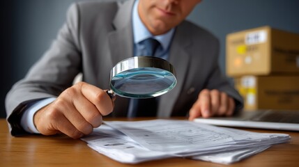 Professional examining documents with a magnifying glass.