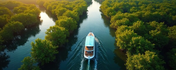 Boat sails through lush green mangrove forest creating winding river pattern. Tropical rainforest cruise offers biodiversity exploration. Scenic waterway journey through vibrant natural landscape.