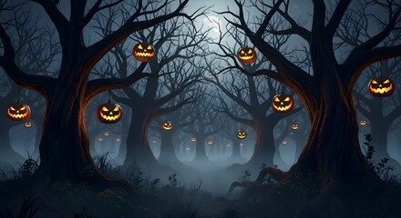 Halloween night forest with pumpkins in a spooky and dark atmosphere scene