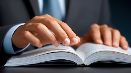 Open book held by hands in a business setting.