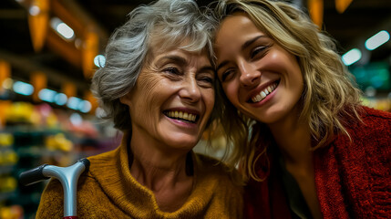 Young woman using a white cane shopping with friend, supermarket aisles, warm overhead lighting