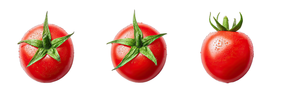 Three red tomatoes, top view. Fresh, round tomatoes, each with a cluster of green leaves at the top. Vibrant colors, high-resolution image, isolated on black