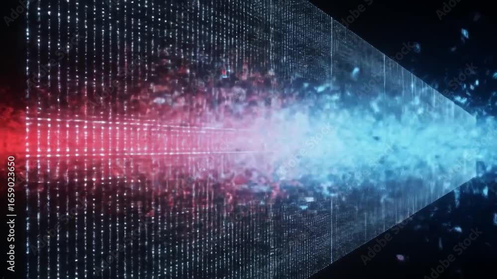 Poster abstract data stream: red and blue energy collision in digital grid animation