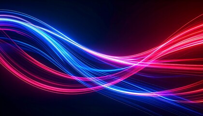 Abstract digital artwork featuring flowing neon light trails in vibrant red and blue colors.
