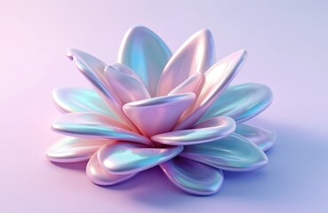 Fototapeta premium Abstract fluid holographic shape resembling flower explosion. Chromatic liquid with iridescent texture. Glossy 3D render isolated on purple background. Smooth, dynamic, futuristic element with