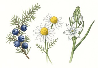 Botanical illustration of juniper berries chamomile flowers and star of bethlehem plant