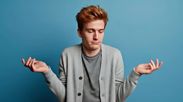 a young Caucasian man, he is shrugging his shoulders, with both hands raised and palms facing upwards, conveying a gesture of uncertainty, or 'I don't know.'