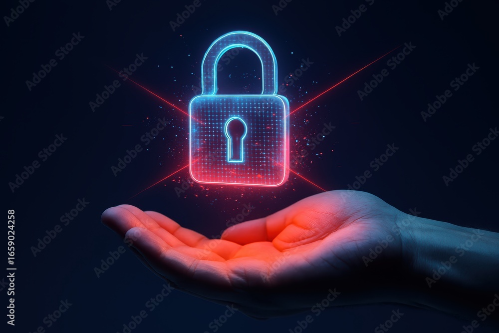 Aufkleber Secure Digital Embrace: A hand cradles a glowing padlock icon, symbolizing the embrace of secure digital technologies and data protection in a futuristic and captivating display.