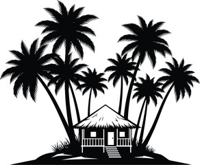 Obraz premium Tropical island silhouette featuring a thatched roof hut nestled amongst a cluster of tall palm trees on a small island