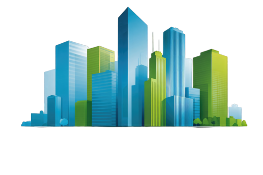 City skyline, stylized graphic design.  Modern buildings, teal, green, and blue