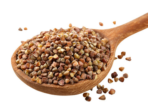 Buckwheat groats in a wooden spoon healthy food