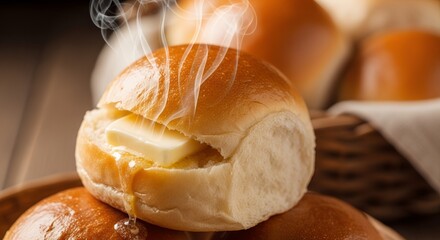 Fresh Soft Bread Roll with Melting Butter and Steam on Wooden Table