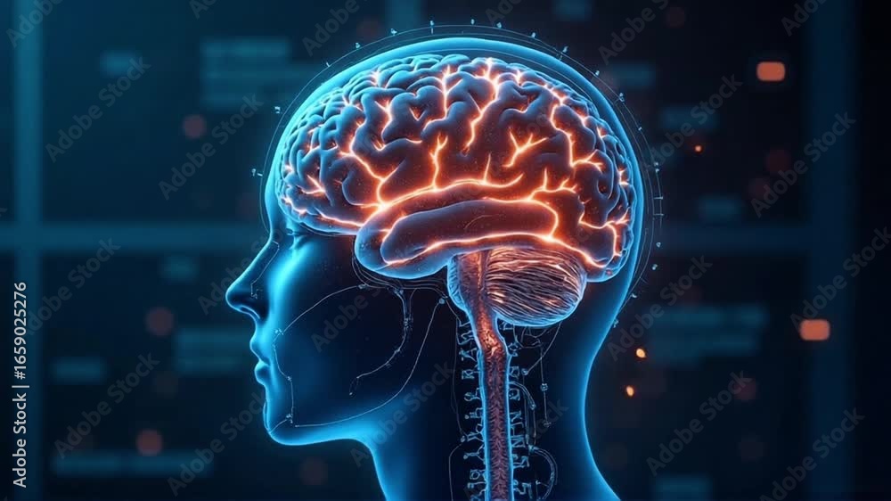 Poster neural network activation in human brain with glowing connections animation