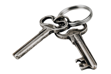 Two antique-style keys, intertwined, resting on a keyring