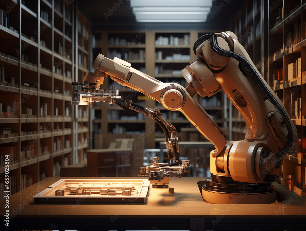 Poster robotic arm precisely assembling components in a modern, futuristic workshop setting