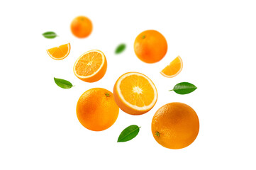 Fresh orange fruits with slices and leaves levitation isolated on white background.