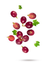 Red grapes with leaves falling isolated on white background.
