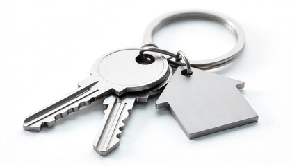 Close up of two keys and a house shaped keychain on a metal ring against white background studio shot