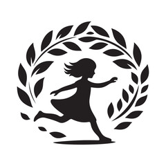 children playing with leaves vector silhouette outline logo design concept illustration