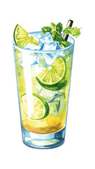 Watercolor Illustration of Caipirinha Cocktail with Lime and Ice