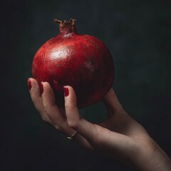 A hand holding a ripe pomegranate against a dark backgroun 