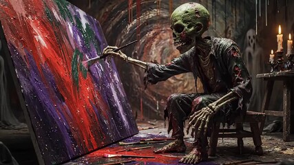 Skeleton warrior painting abstract art in dark studio with colorful paint splashes and creative artistic expression