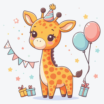 Cute giraffe calf illustration image. Use it for happy birthday invitation cards, children's book covers, banner, poster. Flat vector illustration. stock illustration
