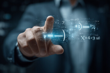 Businessman touching virtual screen with digital math formulas