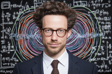 Scientist in suit standing against blackboard with formulas and diagrams