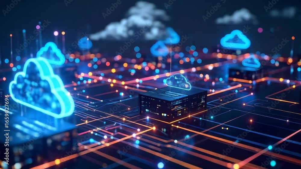Poster futuristic cloud computing digital data storage and network connection concept.