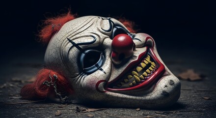 Creepy clown mask with sinister smile and red hair lying on the ground in the dark