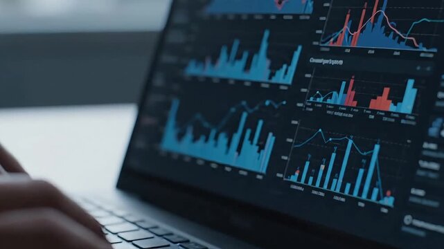 Business person analyzing financial data charts and graphs on laptop computer screen for market research and investment decisions