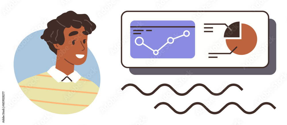 Poster smiling person reviewing line and pie charts representing data insights and analysis. ideal for anal