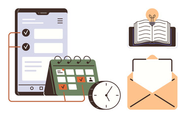 Calendar with task marks, smartphone with checklist, clock, open book with idea bulb, open envelope. Ideal for time management, productivity, organization, planning learning scheduling