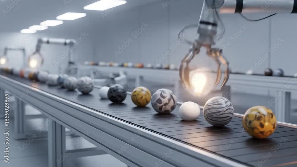 Poster automated robotic arms sorting spheres on conveyor belt in modern factory setting
