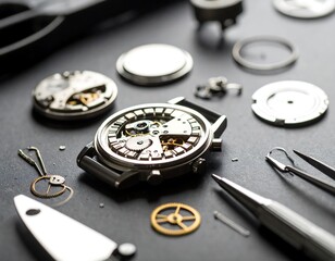Disassembled watch parts on dark surface