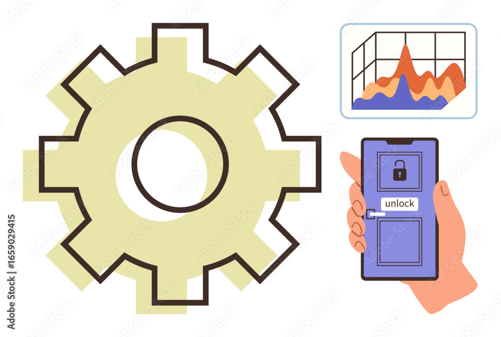 Poster large gear symbolizing process, growth smartphone with unlock feature for security chart for data tr