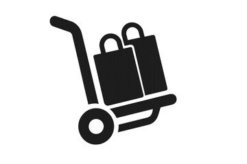 A simple silhouette of a hand truck carrying two boxes against a stark black background image style
