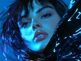 dark and blue light with women with dark eyes and posing intense and glossy skin and fair skin look.
