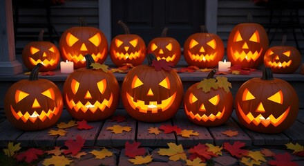 Fototapeta premium Illuminated jack o lanterns on porch create a spooky halloween night display theme 