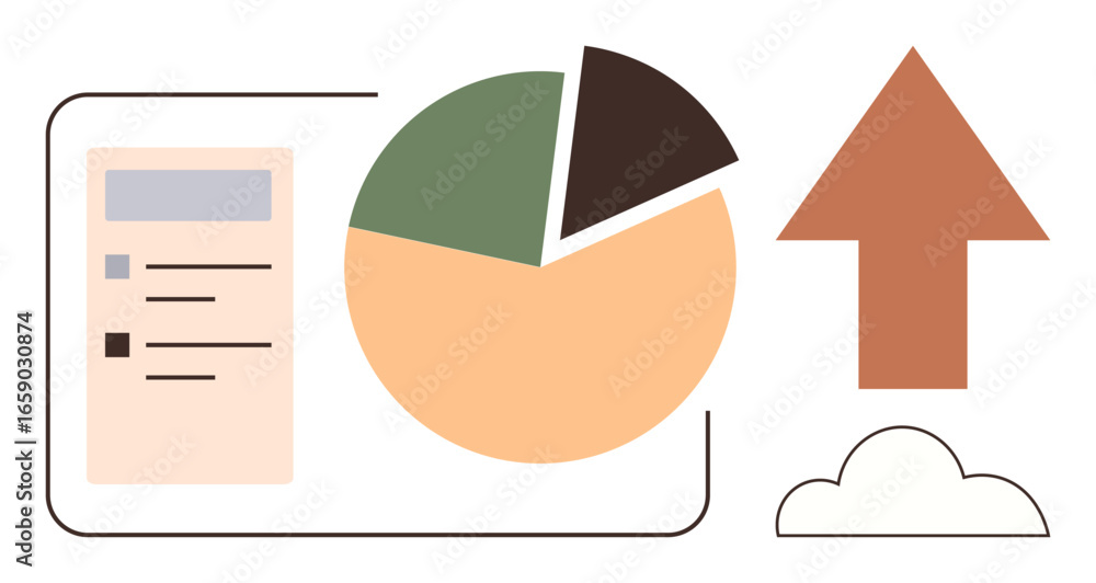 Poster pie chart with segments and adjacent document window, upward arrow pointing above a cloud. ideal for