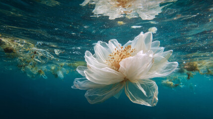 Serene white lotus flower made of plastic bags floats gracefully underwater, surrounded by tranquil blue environment