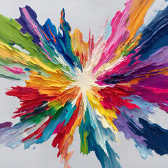 Bursting with vibrant colors, this abstract artwork features dynamic explosion of paint in various hues, creating energetic and lively composition