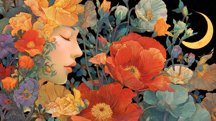 Colorful illustration of serene woman surrounded by vibrant flowers and crescent moon, evoking sense of tranquility and beauty