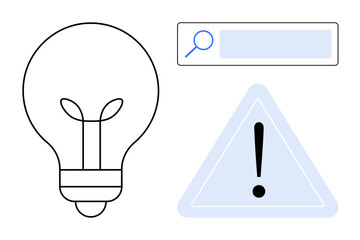 Lightbulb for ideas, search bar for exploration, triangle with exclamation for alert. Ideal for innovation, problem-solving, discovery, research, warnings, decision-making simple landing page