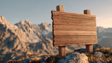 Wooden sign stands on rocky mountain top, surrounded by majestic peaks and serene landscape, evoking sense of adventure and tranquility