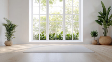 Bright living room with large windows showcasing greenery outside, creating serene atmosphere