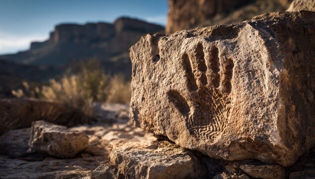 Ancient handprint etched in desert rock, mountains blurred background