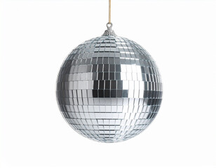 Fototapeta premium A sparkling hanging disco ball with a reflection of light against a pure white background.